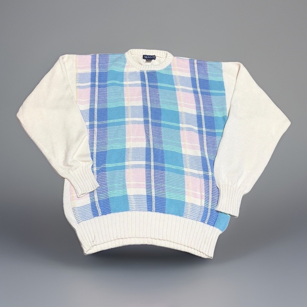 Gant Sweater Mens Large Vintage Plaid Crewneck Pastel 100% Cotton Off White Blue